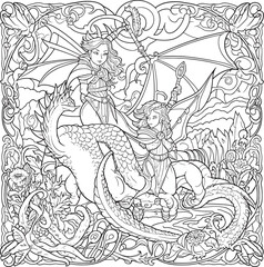 coloring pages to print for adults, a drawing of a castle and other things for coloring, in the style of monstrous surrealism, illustration, playful cartoonish illustrations,  highly detail