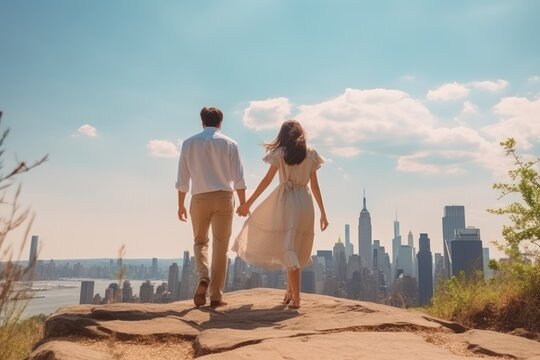 Couple have a walk outdoors, modern city, summertime. Beautiful illustration picture. Generative AI