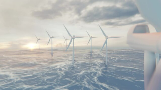 Camera pulls back through rotating blades of a wind turbine in an offshore wind farm in the sea against low sun. Green and renewable energy concept. Realistic high quality 3d animation.