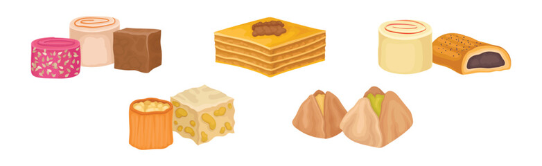 Turkish Delight or Arabic Sweet and Sugary Dessert Vector Set