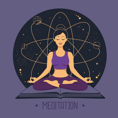 Young woman meditation in lotus position on outer space background. Vector illustration