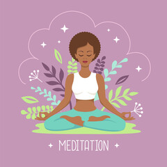 Fototapeta na wymiar Woman meditation in lotus position with floral elements. Vector illustration