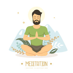 Handsome young man meditation in lotus position with floral elements and mountains. Vector illustration