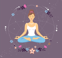 Woman meditation in lotus position with floral elements in outer space. Vector illustration