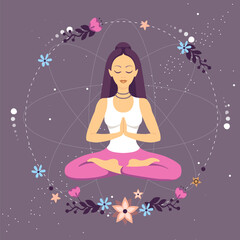 Woman meditation in lotus position with floral elements in outer space. Vector illustration