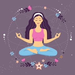 Woman meditation in lotus position with floral elements in outer space. Vector illustration