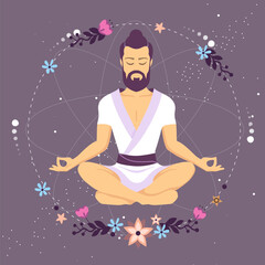 Handsome man meditation in lotus position with floral elements in outer space. Vector illustration