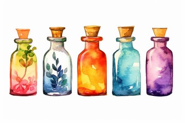 Essential oil bottles, watercolor style. Beautiful illustration picture. Generative AI