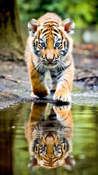 Cute baby tiger running through the water in wilderness. Created with Generative AI technology.