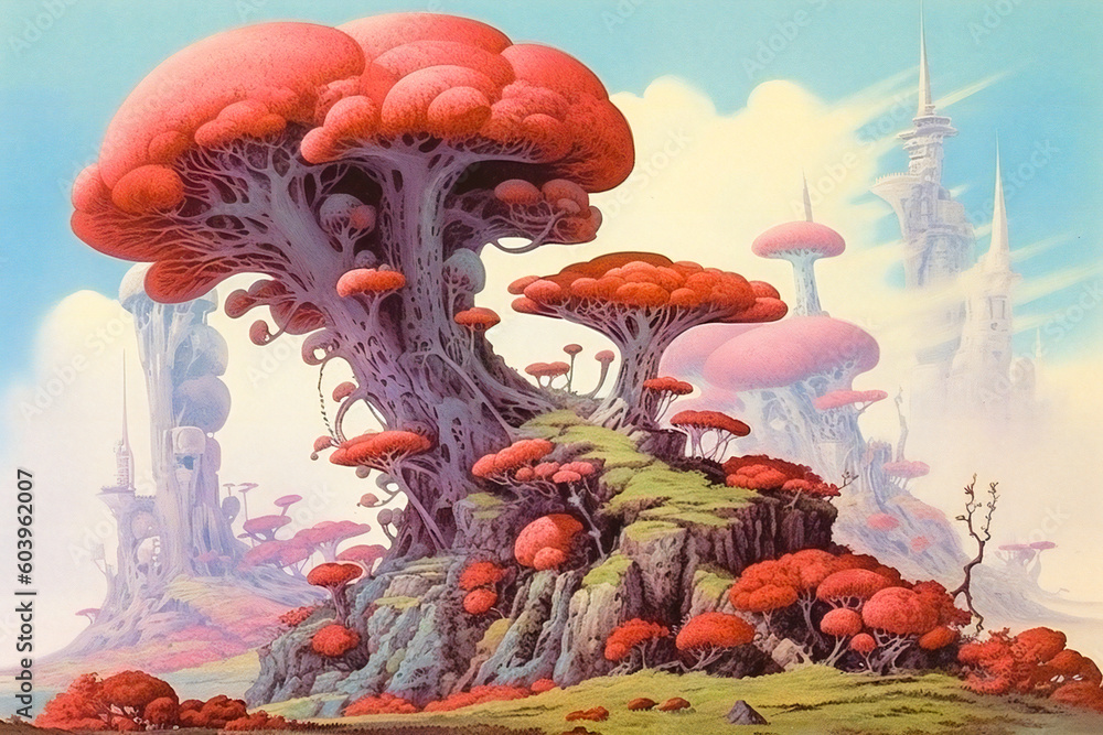 Poster weird, surreal landscape on a strange alien planet. created with generative ai technology.