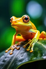 Frog is resting on the leaf. Beautiful illustration picture. Generative AI