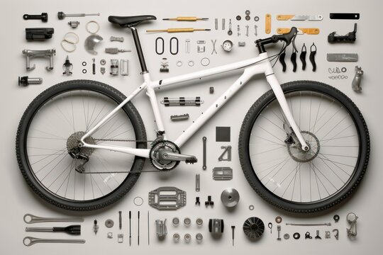 Top view of bicycle and parts of it. Bicycle and parts to it, layout. Beautiful illustration picture. Generative AI