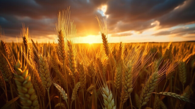 Champs de blé mûr au soleil couchant