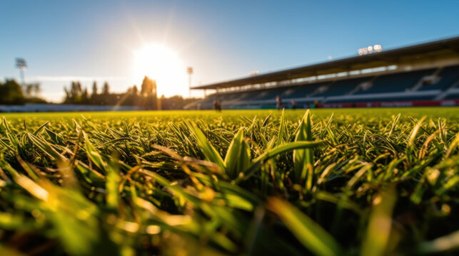 Pelouse d'un stade vue au ras du sol, soleil intense et tribune en arri&egrave;re plan
