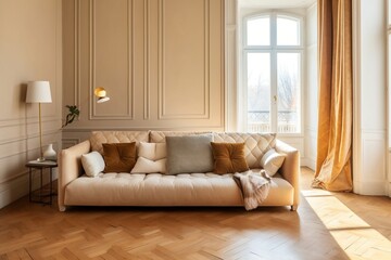 Fototapeta na wymiar Cream Suede Leather Sofa with Brown Cushion - 3D Interior Mockup on Parquet Floor. Ai generative