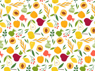 Harvest Seamless pattern. Fruits, cones and berries. Fresh Natural organic food in hand-drawn style. Repeated vector For wallpaper, wrapping paper, textile, scrapbooking.s. Ingredients for cooking
