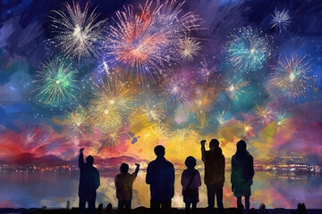 Fototapeta na wymiar color painting of people watching the firework display on New Years night. Sense of togetherness in colourful firework show. Happy friends and family meeting the new year, generative AI