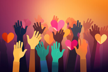 Group of diverse people with arms and hands raised towards hand painted hearts. Charity donation, volunteer work, support, assistance. Multicultural community. People diversity, generative AI
