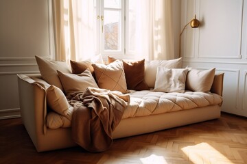Cream Suede Leather Sofa with Brown Cushion - Living Room Interior Design. generative Ai