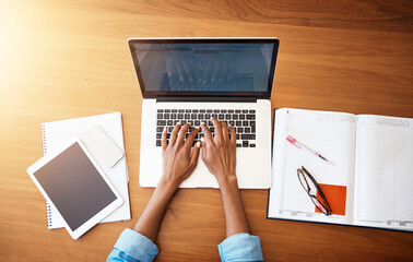 Woman hands, tech typing and laptop with work from home and business planning. Freelancer, female person and above of computer with paperwork, notebook and writing in a house doing web research