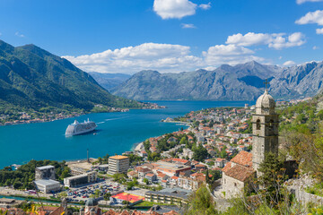 Beautiful view of a large ship in the Bay of Kotor - 603962473