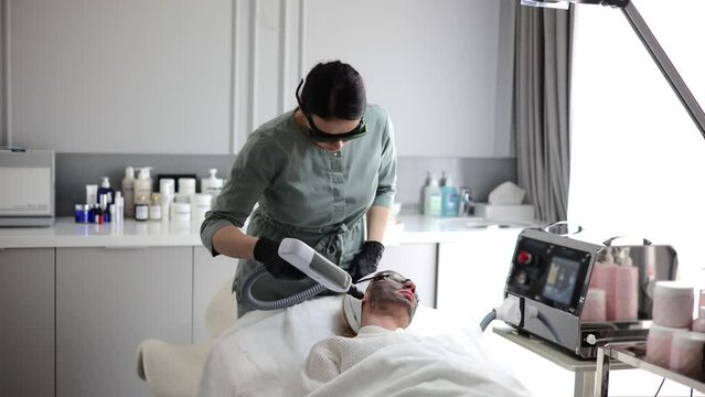 Carbon peeling is a procedure aimed at active cleansing and skin lifting. Carbon or carbon laser peeling is performed using a gel based on carbon and neodymium laser. Care skin face in beauty clinic.