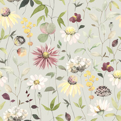 Watercolor wildflowers in vintage style, floral seamless pattern for fabric, textile, wallpapers or wrapping paper.