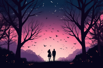 Lovers Silhouttes at the Romantic Emotional Nature Forest Background. Couple in Love at the Park with High Sky and flying Romance Hearts Flat Illustration, generative AI