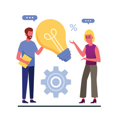 A man and woman are talking in front of a gear with a sign that says percent