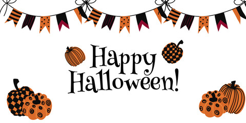 Happy Halloween greeting card. Holiday decoration. Boo Trick or treat. Vector illustration.