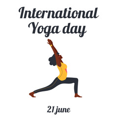International Yoga Day. African american woman doing yoga exercises. Flat vector illustration