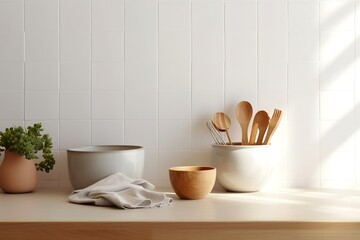 Fototapeta na wymiar Minimal White Marble Kitchen with Wooden Utensils - 3D Interior Mockup. Generative Ai