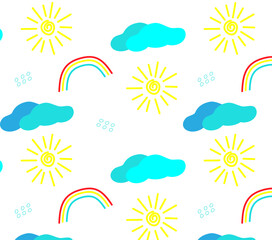 Doodle seamless pattern with rainbows, suns and clouds. Hand drawn elements. Vector illustration.