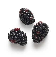 three blackbarries on white background with light shadow
