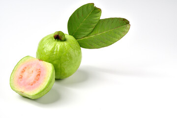 Pink guava fruits isolated on white background.Guava fruit with leaf isolated on white...