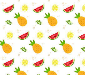 Cute colorful summer fruit seamless pattern with pineapples, watermelon, lemon. Summertime concept. Vector illustration.