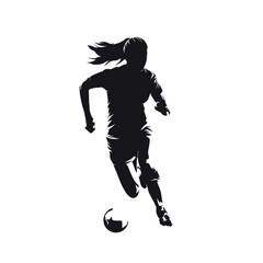 Female soccer player, woman playing football, front view, isolated vector silhouette, ink drawing