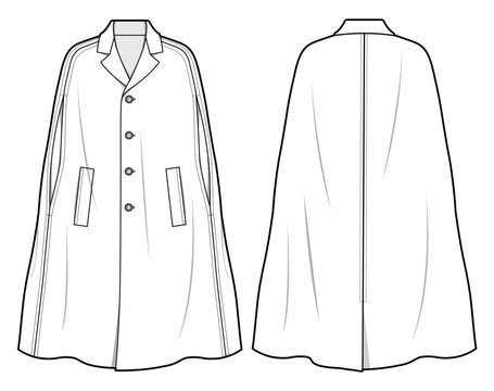 Women Formal Cape Coat  Front and Back View. Fashion Illustration, Vector, CAD, Technical Drawing, Flat Drawing, Template, Mockup.