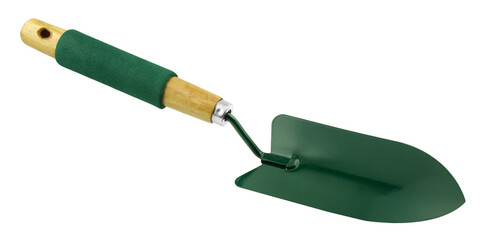 Green garden shovel trowel isolated on white background