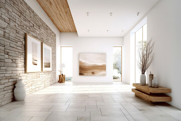 Fototapeta na wymiar Coastal interior design of modern entrance hall with stone tiles wall and wooden rustic elements. Created with generative AI