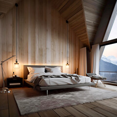 Interior design of modern bedroom in attic in chalet. Created with generative AI