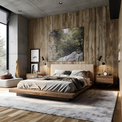 Wooden bed against of reclaimed barn wood paneling wall. Loft interior design of modern bedroom. Created with generative AI technology.