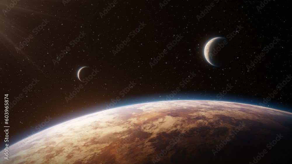 Wall mural view of the surface of a red planet in space with two orbiting moons or small planets seen in the ba