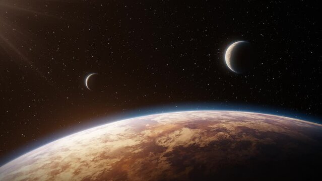 View of the surface of a red planet in space with two orbiting moons or small planets seen in the background. Fantasy and science fiction atmosphere. 3D Rendering