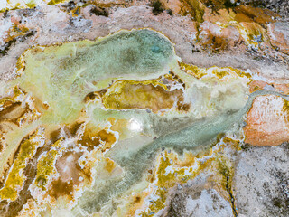 Aerial view of boiling sulphur river and springs in Sipoholon Hot Spring. Sumatra, Indonesia.
