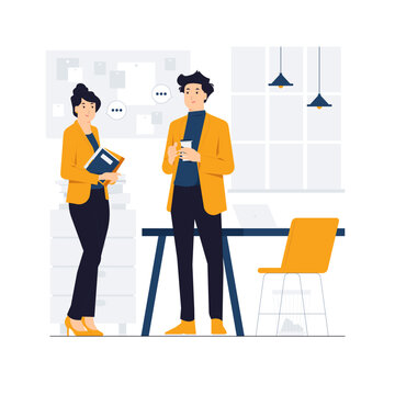 Conversation, discussion, chatting, Talking, Two colleagues joking and laughing during coffee break in work space, business team having fun enjoy discussing project in office concept illustration