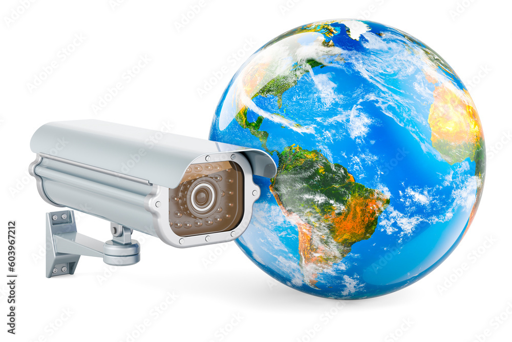 Poster security surveillance camera with earth globe. 3d rendering