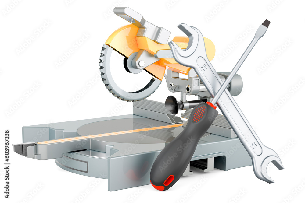 Poster table circular saw with screwdriver and wrench. 3d rendering