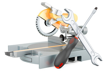 Table circular saw with screwdriver and wrench. 3D rendering