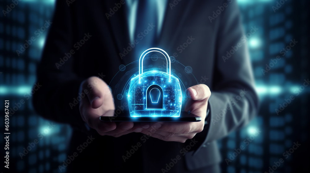 Poster cybersecurity and privacy concepts to protect data. lock icon and internet network security technolo